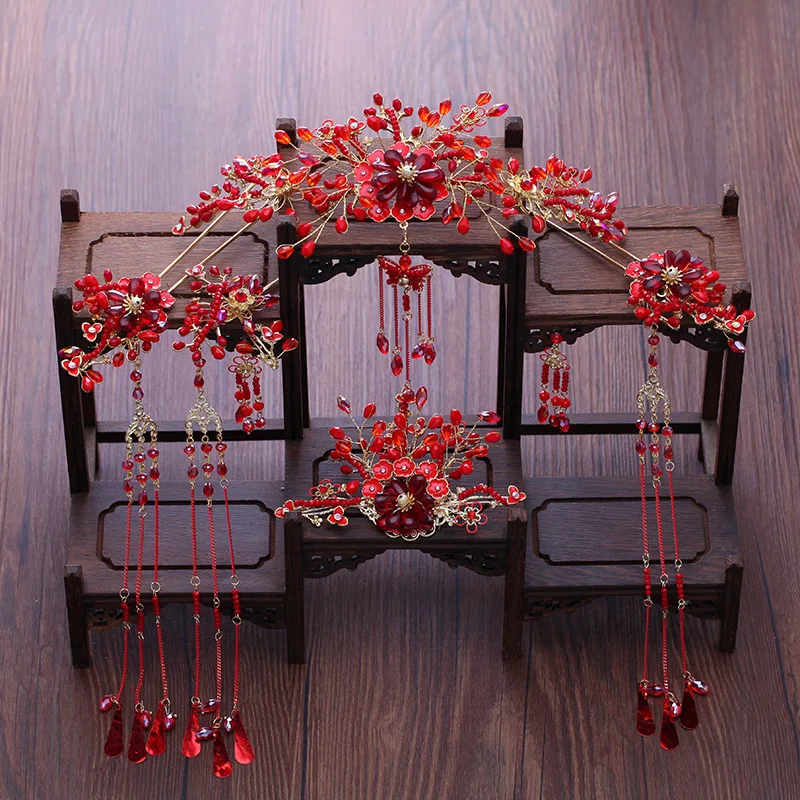 Wedding Bride Chinese Hair Jewelry Set Red Beaded Phoenix Headdress Costume Tassel Step Shakes Retro Women Headwear Ornaments | Украшения и
