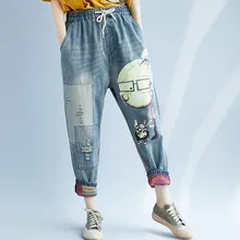 4614 Весна Лето Джинсы для женщин в стиле бойфренд размера плюс шаровары опрятный винтажный мультфильм печати патч рваные джинсы