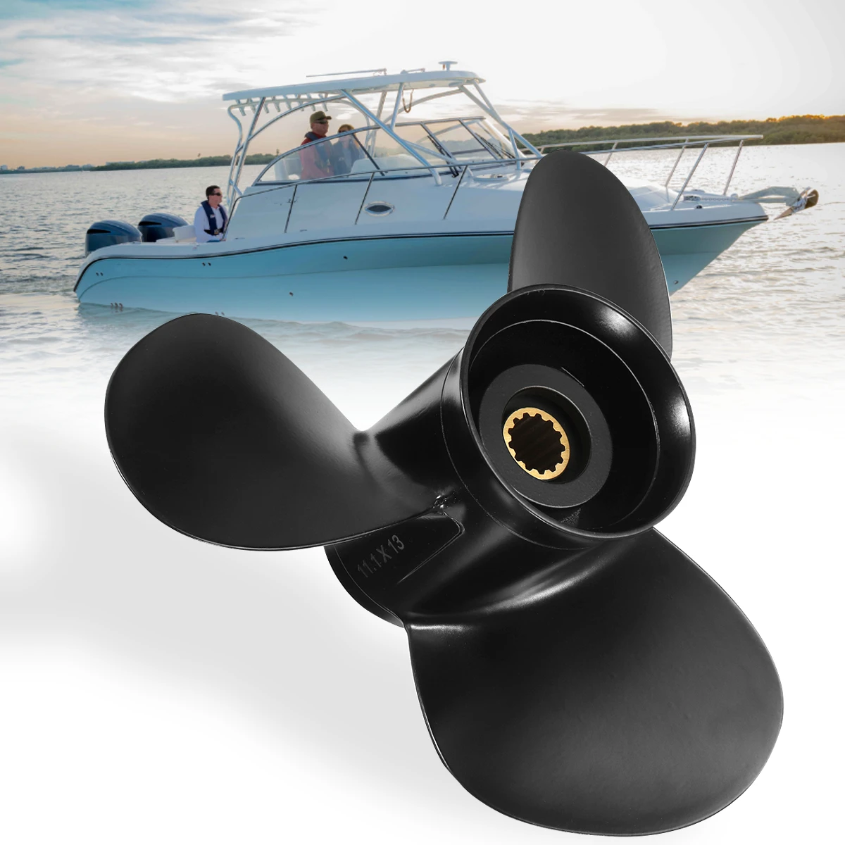 

3T5B645270 11.1 x 13 Boat Propeller For Tohatsu/Nissan Outboard 35-50HP R Rotation 3 Blades 13 Spline Tooth Black Aluminum Alloy