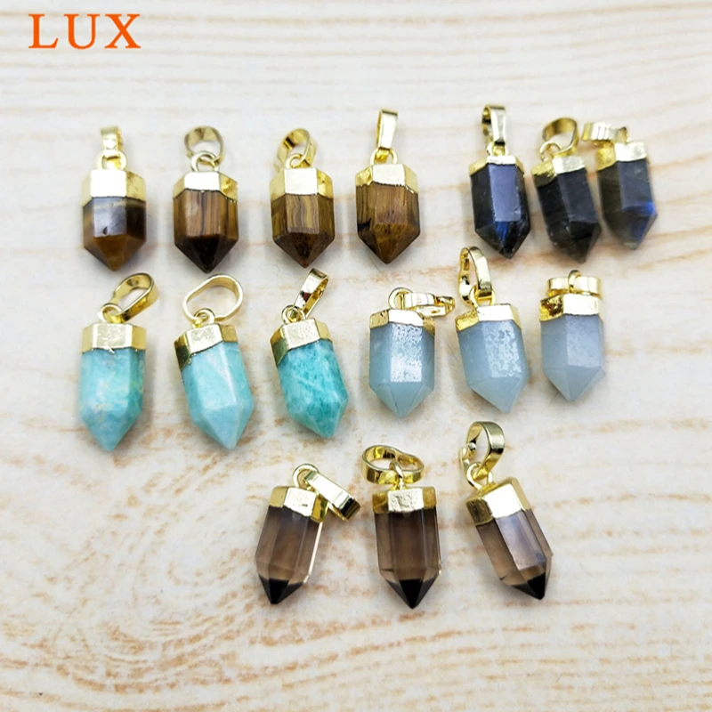 

Natual mini jewelry tiny tiger eye bullet pendant with gold metal plated green chalcedony Hexagonal Prisms Pencil-agates stone