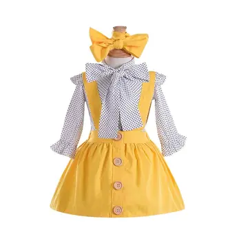 

3PCS Set Princess Girls Long Sleeve Polka Dot Bowknot Blouse Tops Button Suspender Skirt Overall Headband Kids Girl Clothing Set