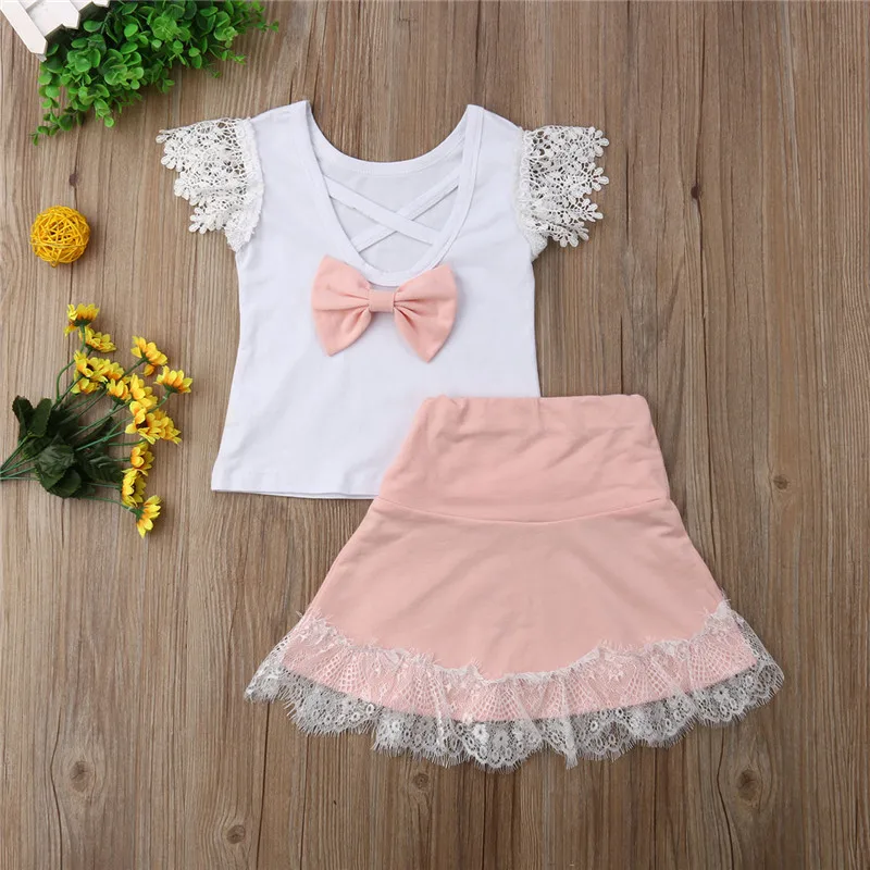 2Pcs Newborn Toddler Baby Girls Clothes Set Bow Lace Top T shirt Skirt ...