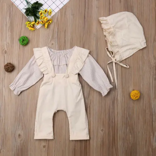 3PCS Toddler Kids Baby Girl Clothes Ruffle Tops+Bib Pants+Hat Overall Outfit Children Set | Детская одежда и обувь