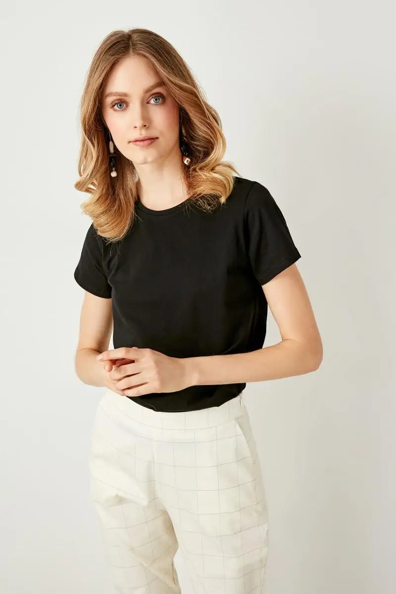 Trendyol черный велосипед шеи хлопок Базовые Трикотажные футболки TWOSS19BO0065|Футболки| |