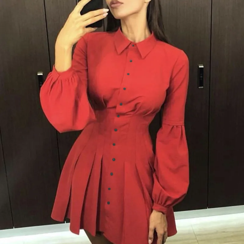 

2019 Spring Sexy Mini Dress New Red Vintage Button Bodycon Dress Women Elegant Puff Sleeve Ladies Party Dresses Vestidos 570