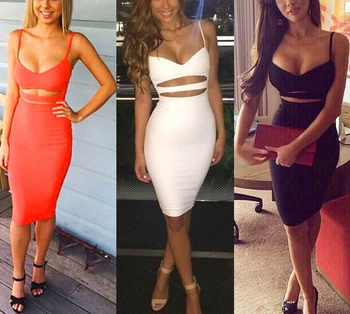

Sexy Women Strap Hollow Out Solid Black Dresses V neck Summer Ladies Bandage Bodycon Party Skinny Pencil Dress White Green