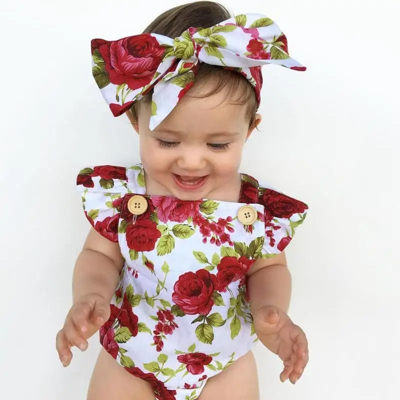 

2019 Summer Newborn Baby Girls Flower Print Clothes Set Rompers Headband Cotton Outfits Sweet Floral Sleeveless Jumpsuit