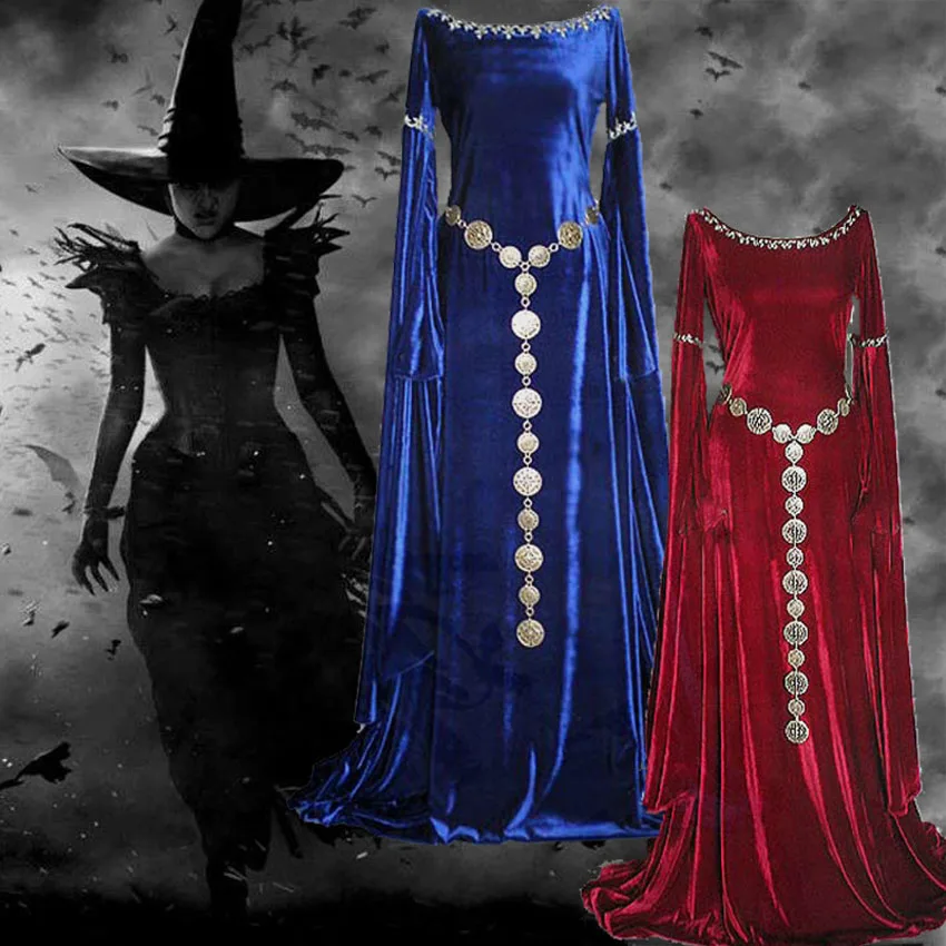 

European Woman Maxi Dress Medieval Solid Trumpte Sleeve Halloween Princess Cosplay Costumes Round Neck Elegant Dress
