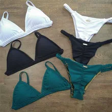 Треугольный купальный комплект, вязаный купальный бюстгальтер с подкладкой, комплект бикини, Одноцветный бандаж, низкая талия, купальник для женщин, бандаж, пуш-ап