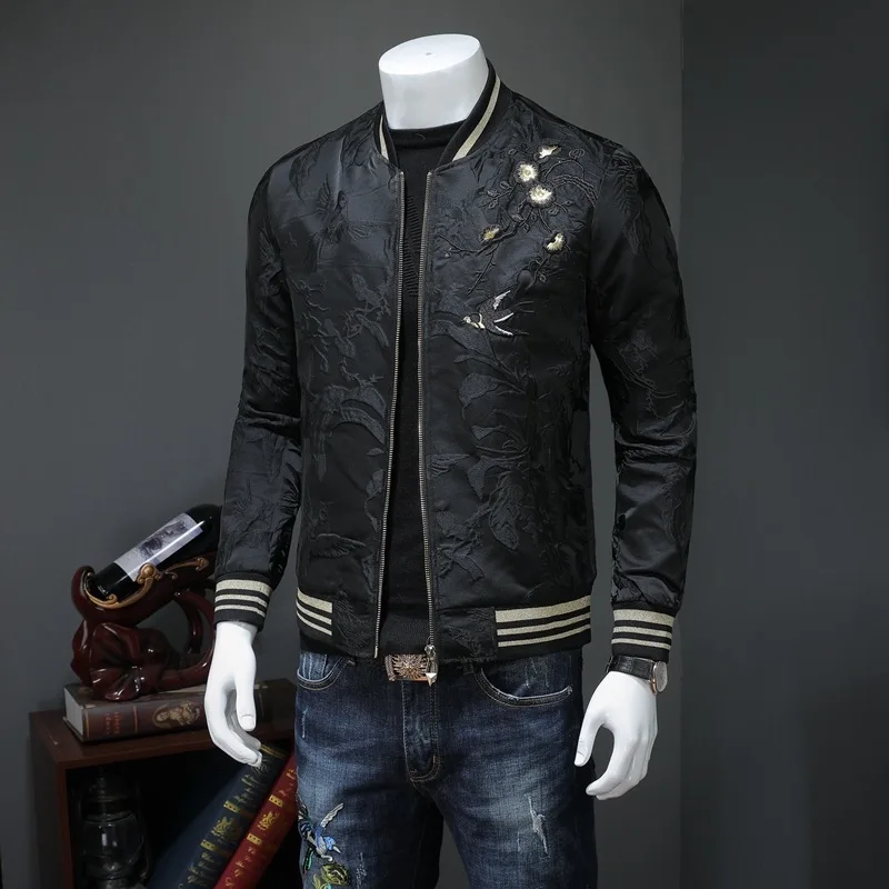 Вышивка черный пиджак Для мужчин модные Повседневное Slim Fit ветровка Стенд