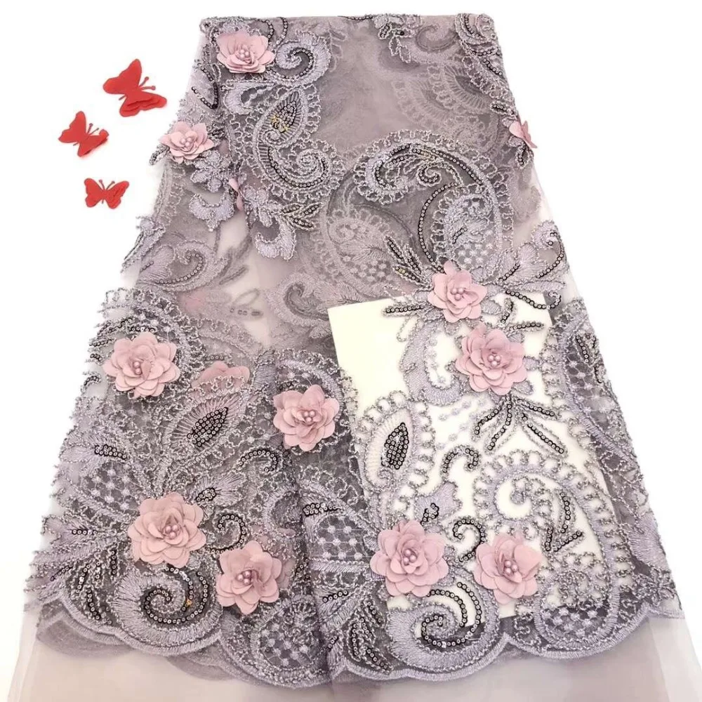 LadyQ New Applique Beads African Lace Fabric 3D Flower with Embroidery Sequence White French Tulle Lace Fabric for Wedding Dress GZ010 Green
