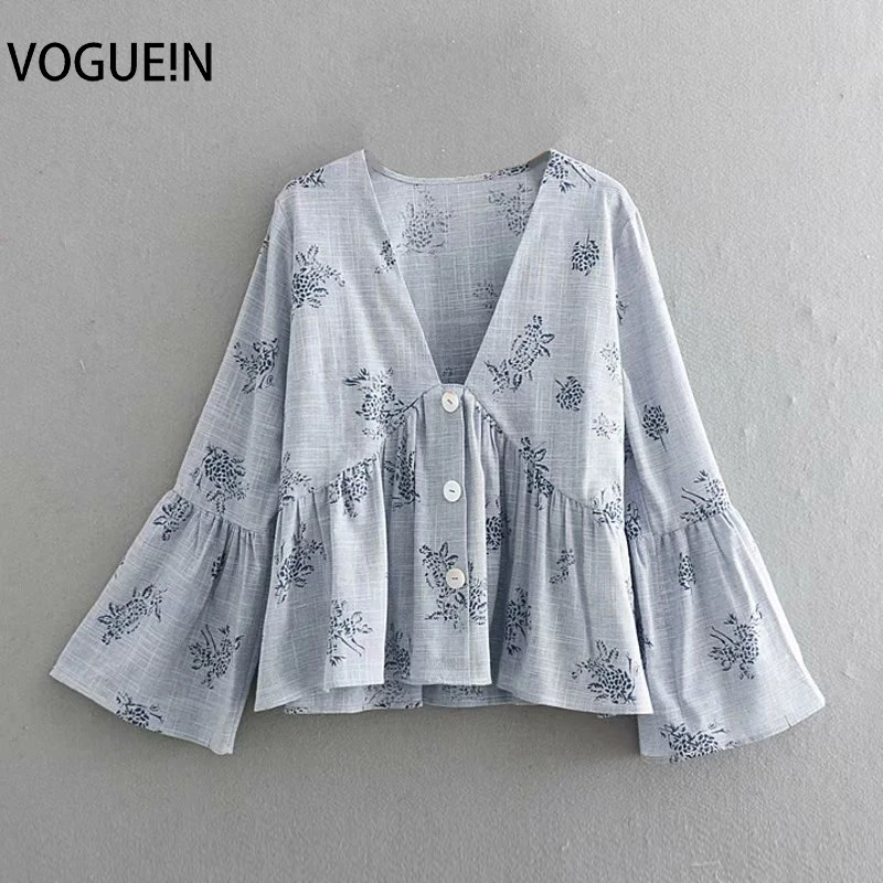 

VOGUEIN New Womens Floral Print Deep V-Neck Flare Sleeve Pullover Shirt Blouse Top Wholesale