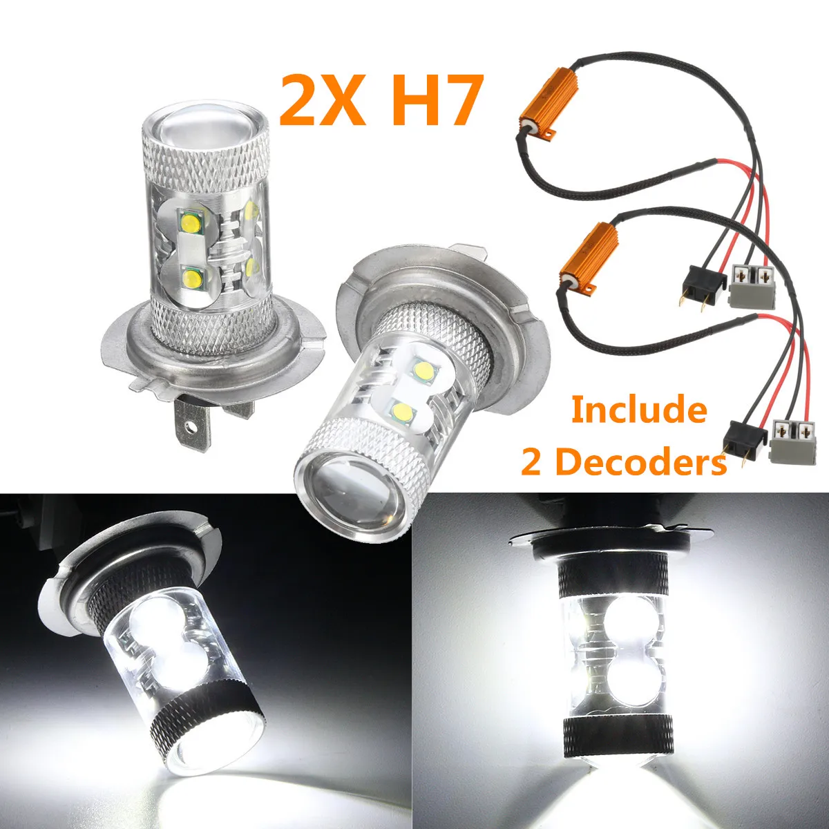 2pcs 50W 6000k H7 LED Projector Bulbs Fog Light & Canbus Decoders DC12