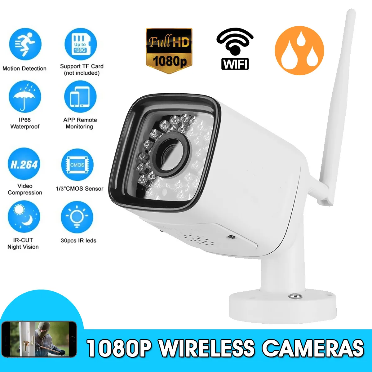 

Safurance 1080P IR-CUT Night Vision Wireless WiFi IP Camera CCTV Bullet Outdoor Camera IP66 Waterproof Support 128G TF-Card