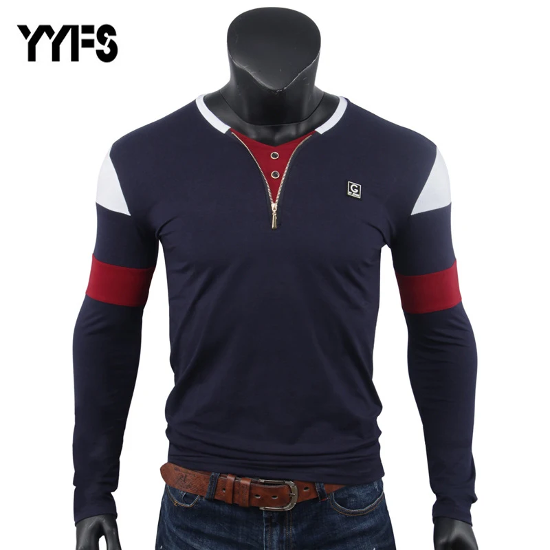 

YYFS Men T-Shirt Long Sleeves V-Neck Collar Top Tshirts Plain Color Zipper Opening Quality Brand Clothing Casual T Shirts Men