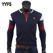 YYFS Men T-Shirt Long Sleeves V-Neck Collar Top Tshirts Plain Color Zipper Opening Quality Brand Clothing Casual T Shirts Men khaki plain cold shoulder long sleeves t shirt
