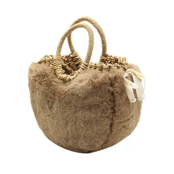

TFTP-New Winter Women'S Woven Bag Girls Plush Straw Handbag Plush Jacket Mini Basket Straw Bag Small Messenger Bag