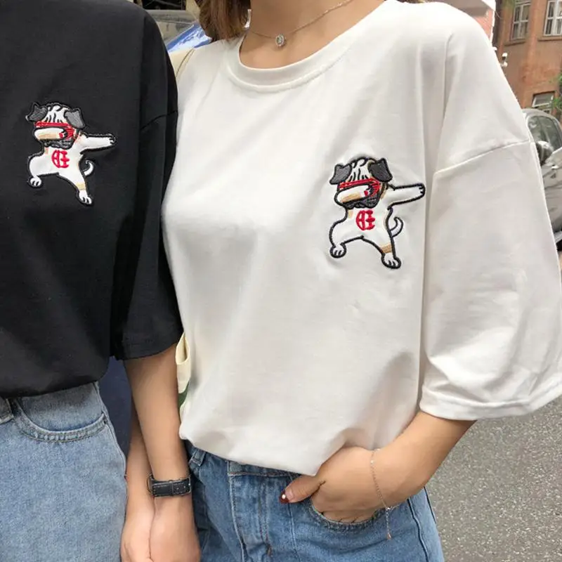 MISSKY Men Women Couples t shirt Whte Black Color Hip-hop Dog Printing Medium Sleeve Round Collar T-shirt for Lovers MISSKY Men Women Couples t shirt Whte Black Color Hip-hop Dog Printing Medium Sleeve Round Collar T-shirt for Lovers