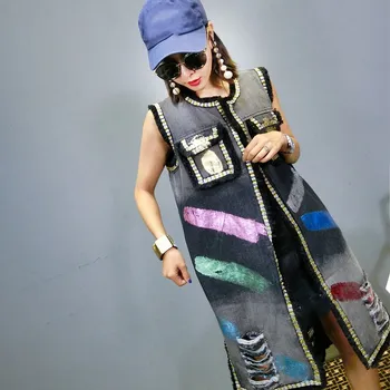 

Fashion Women Korean Street Sleeveless Denim Vest Female Casual Holes Long Jeans Jacket Punk O-Neck Denim Jeans Vest Waistcoat