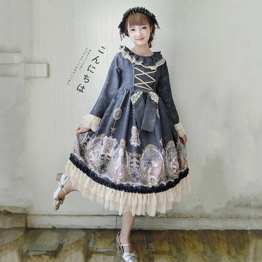 

Mermaid Love Lolita Dress for Women Sweet Japanese Kawaii Girl Style Ruffle Tea Party Gothic Puff Medieval Print Vestido