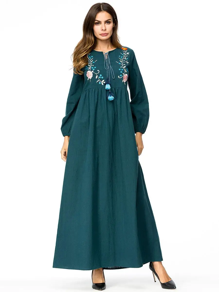 Дубай мусульманское женское платье с вышивкой кисти в этническом стиле кафтан джилбаб Длинное Макси платье с завязками драпированный дизайн абайя с длинным рукавом