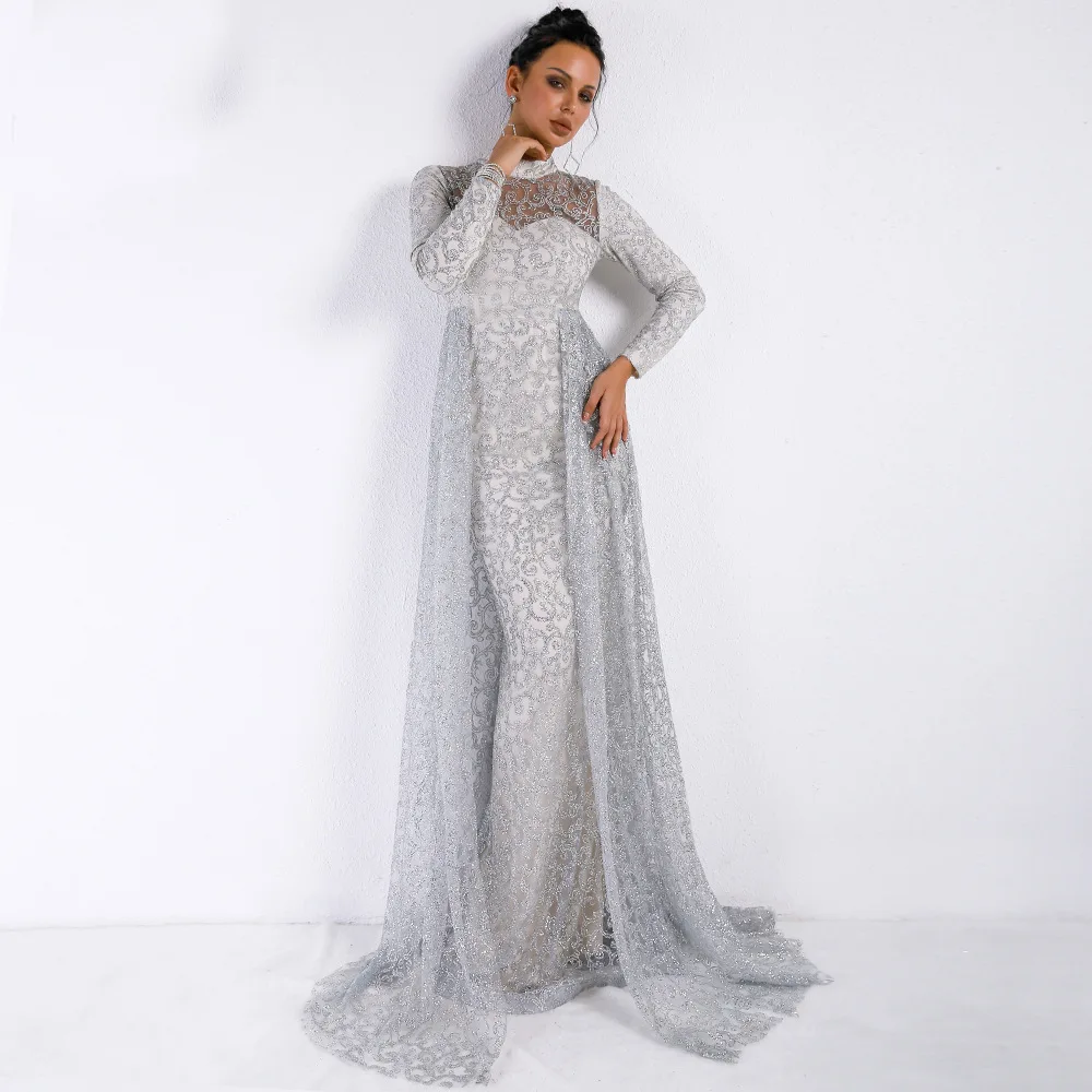 Vivian's Bridal 2018 Vitage Front Cut-out Detachable Train Beach Evening Dress Long Sleeve High Neck Sequin Lace Party Gown