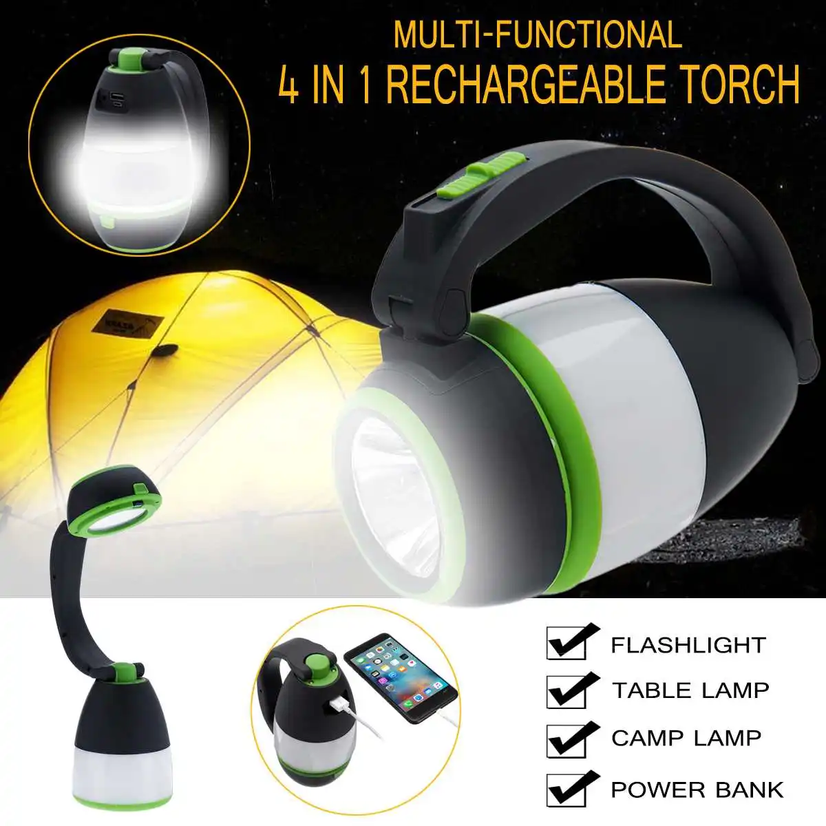 

LED Waterproof 4 in 1 Rechargeable Torch Light USB Camping Light+Table Lamp+Flashlight+Flashlight Rechargeable Torchlight