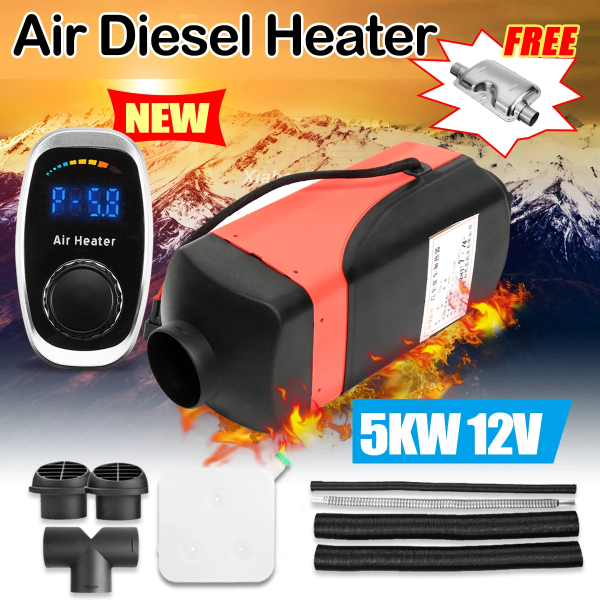 

12V 5kw Diesels Air Parking Heater Air Heating LCD Screen Digital knob Switch with Silencer For Trucks Bus Car Trailer