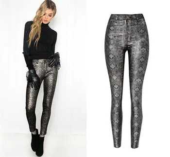 

Women New Europe America Faux PU Leather Snake Print Pencil Pants Fashion Skinny High Waist Sexy Trousers