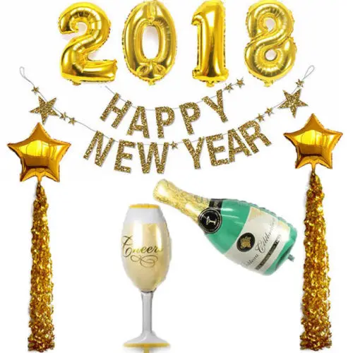 15PCs 2018 Gold Foil Latex Balloon New Year Eve Festive Party Assrtd Decoration Balloons Set | Дом и сад