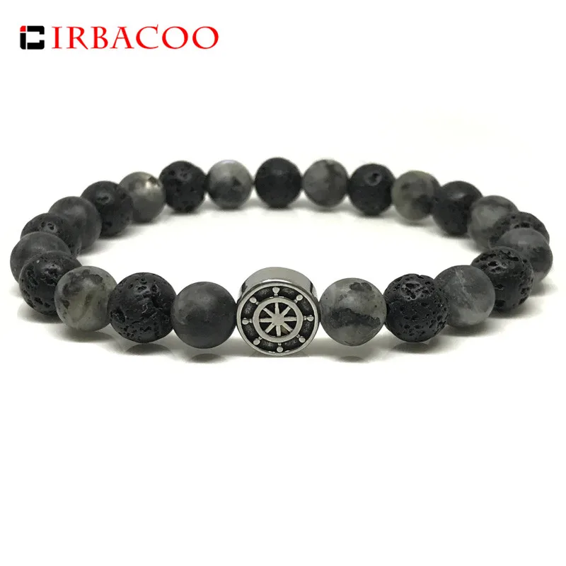 

IRBACOO 2019 Men Bracelet Viking Vintage Stainlee steel Charm Lava Stone Matte Gray Stone Beaded Bracelet For Men Jewelry