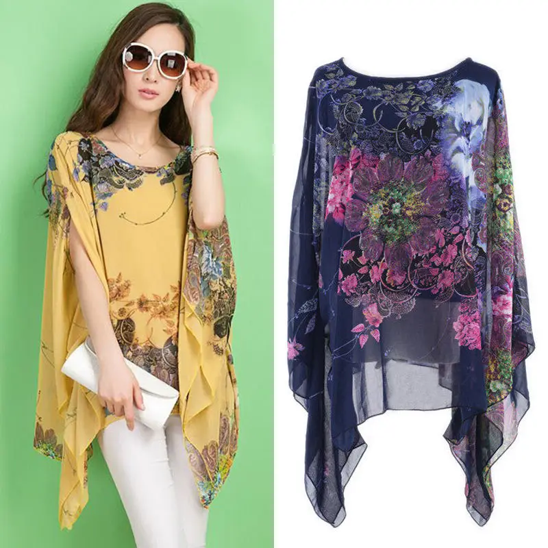 Wooho Loose Batwing Sleeve Chiffon Casual Blouse Shirt Tee Tops Blousemen Sexy Floral Print | Женская одежда