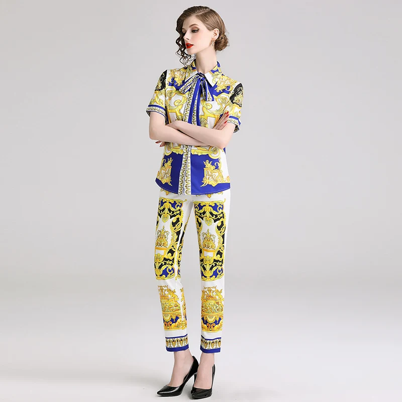 Banulin Fashion Runway Summer Pants Two Pieces Set Women's Short Sleeve Bow shirt + Casual Floral Print Pants Sets Suits B6208