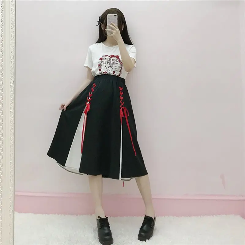 

Summer Goth Women Skirts Black Elegant OL Lady Sweet Harajuku Gothic Aline Sexy Streetwear Lace Up Female Fashion Retro Skirt