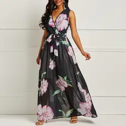 Цветочный принт шифоновое платье макси Для женщин элегантный черный сетка видеть сквозь пляж сексуальный глубокий V Летние путешествия