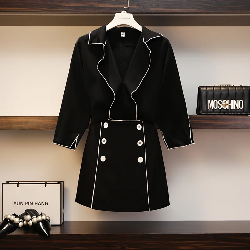 

Spring Autumn Runway Tracksuit Two Pieces Set Women's Split Sleeve Short Jacket + Double breasted Mini Skirt Set Suit Plus 4XL