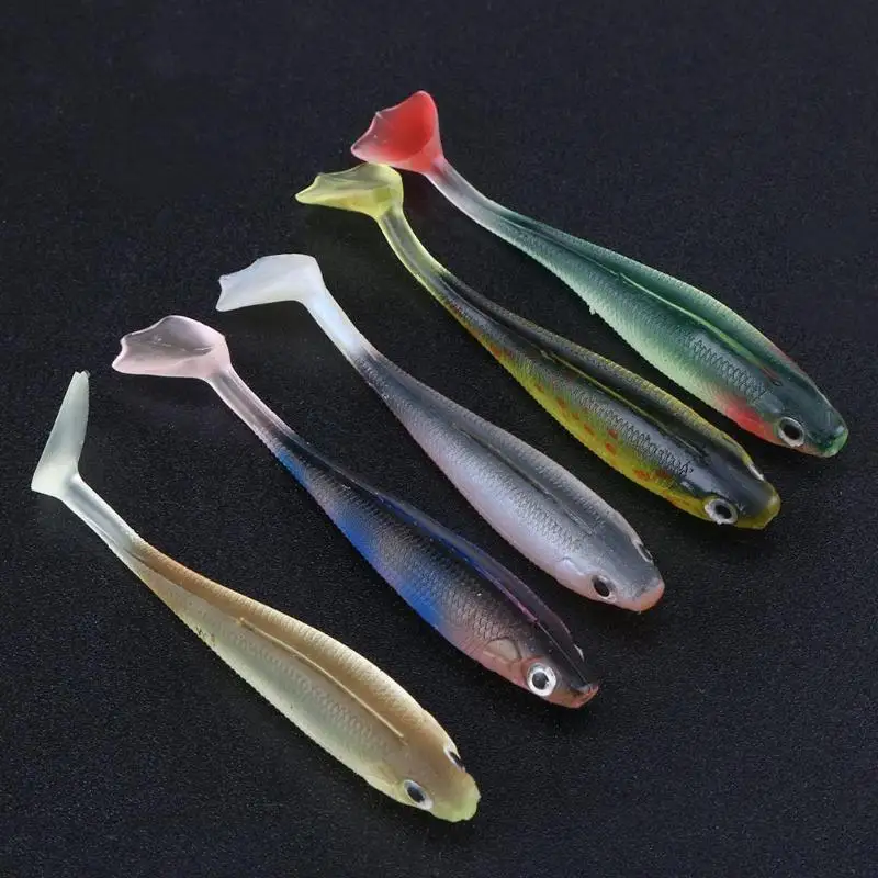 

5pcsT Tail Soft Fishing Lures 3D Eyes Groove 90MM 5g Hard Bait Flexible Soft Plastic Tail Fishing Bait Wobbler random color Z60