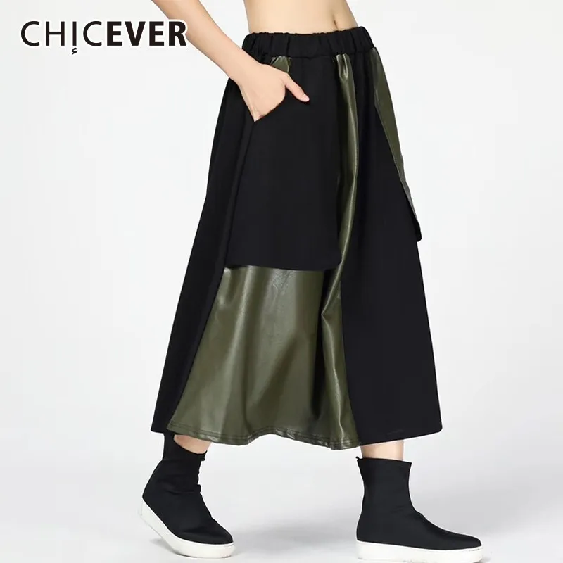 

CHICEVER Patchwork PU Skirts For Women Elastic High Waist Hit Colors Loose Oversize Women's Skirts Female Autumn Fashion Clothes