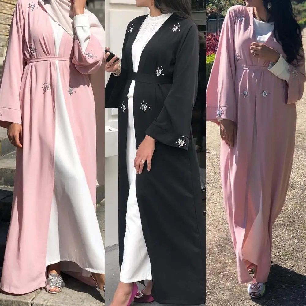 

Abaya Dubai Oman Women Muslim Open Front Cardigan Maxi Dress Jilbab Beaded Party Gown Rhinestone Elegant Islamic Dresses Ramadan