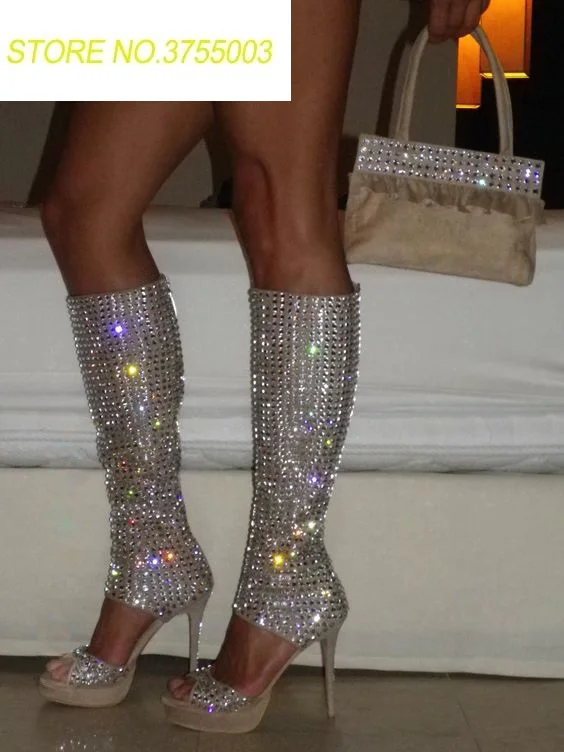 

Luxury Crystal Cover Women Fashion Knee High Boots Gray Suede High Platform Ladies Sexy High Heel Boots Cut Out Knight Boots