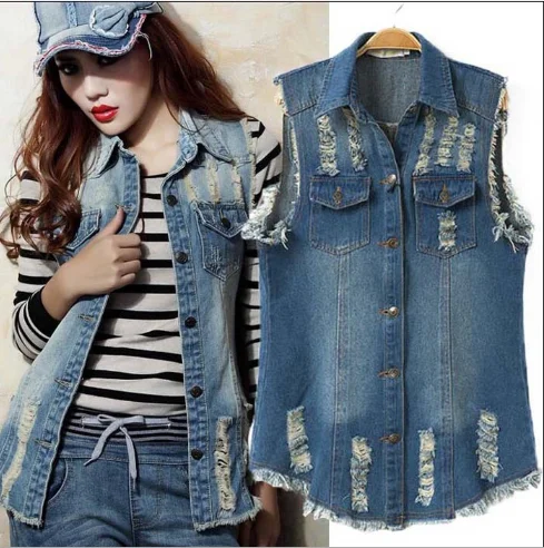 

High Qualtiy Womens Denim Vests New 2019 Autumn Sleeveless Ripped Holes Button Fashion Large size Jeans Vest Tops