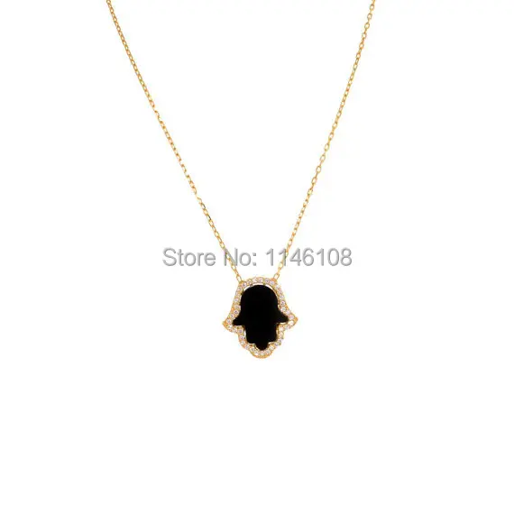 Black Onyx Hamsa Necklace , Silver and CZs, Hamsa Pendant,.jpg