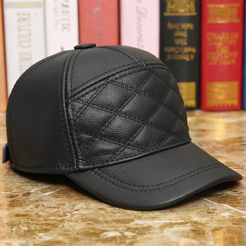 

Leather Hat Genuine Leather Peaked Cap Cowhide Earmuffs Baseball Hat