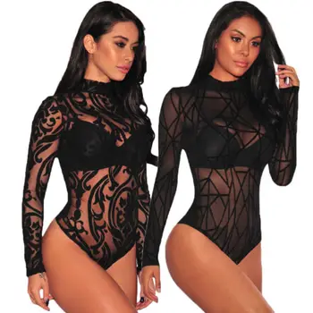 

Women Long Sleeve Stretch Bodysuit Lace Sheer Leotard Body Shirt Party Lace V-Neck Top Nightwear Skinny Bodysuit