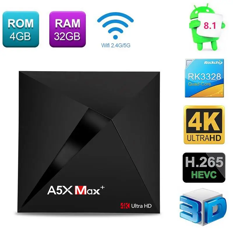 

A5X Max+ Android 8.1 RK3328 Quad-Core Cortex-A53 4K HD Set Top Box USB3.0 4G+32G/4G+64G Network Player Smart TV Box