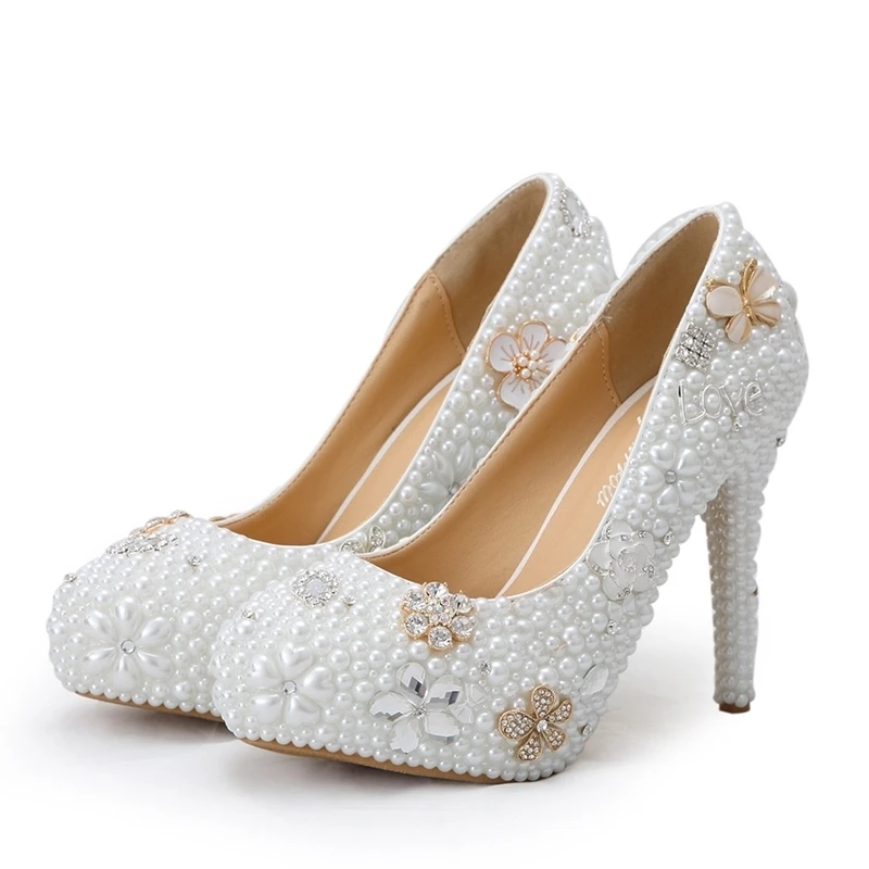 

Luxury Handmade Crystal Pearl Wedding Shoes White Pearl Bride Dress Shoes with Diamond Coming-of-Age Ceremony Party Pumps