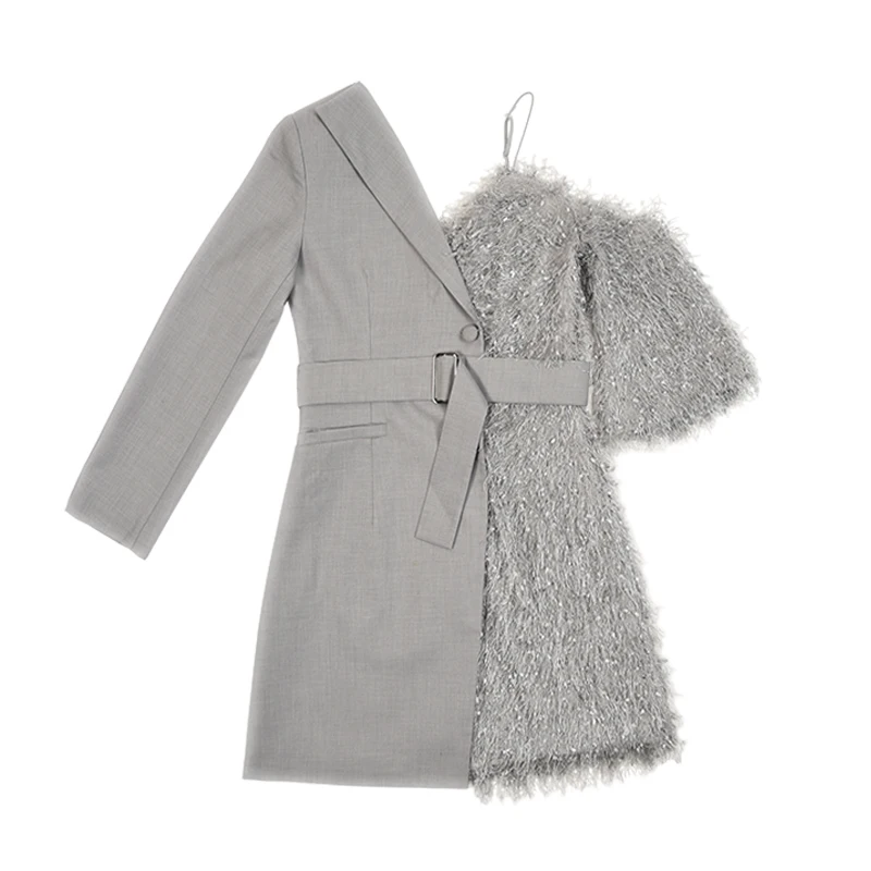 

2019 Spring Woman Irregular Split Fur Tassel Sling Single Button Aymmetrical One Should Waistband Suit Dress Q148