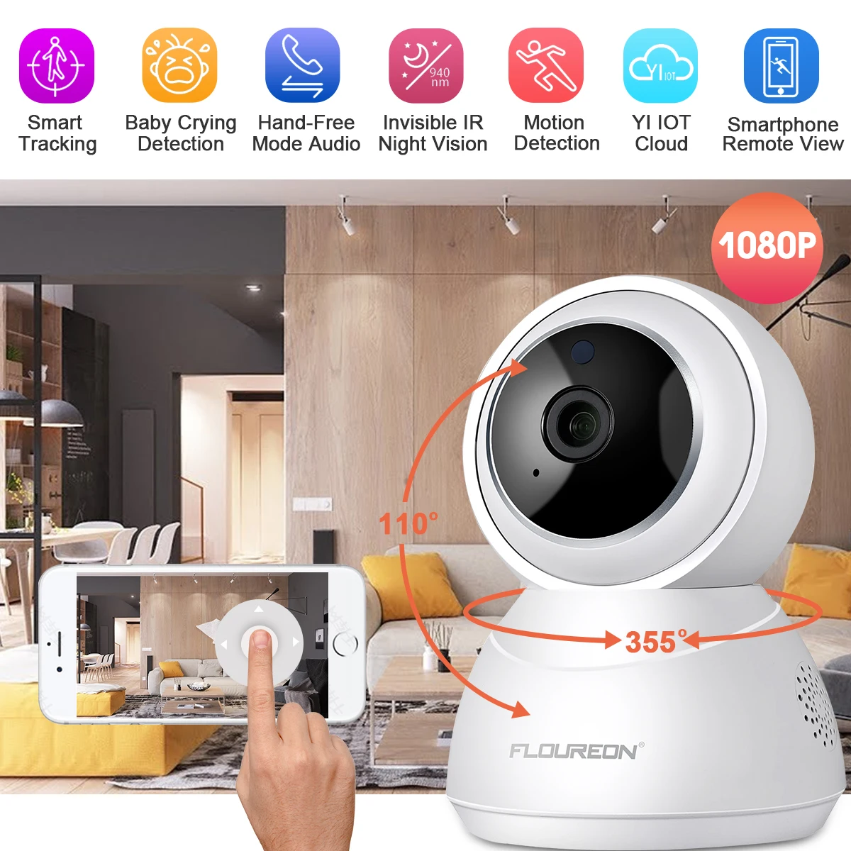

FLOUREON Home Camera 1080P HD Security Surveillance System With Smart Tracking Night Vision Two Way Audio For Monitor
