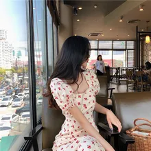 Fashion Women Square Collar Long Dress Puff Sleeves Sweet Print Dress Summer Cherries Printing Holiday Dress fashion round collar long sleeves floral print women s mini dress