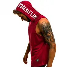 Мужская эластичная однотонная летняя одежда с капюшоном и принтом букв, облегающая, без рукавов, одежда для фитнеса, жилет с шапкой, черный, армейский зеленый, винно-красный